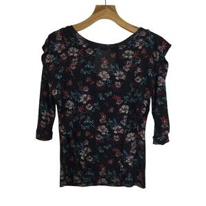 Free People Dock Street Floral Ruffle 3/4 Sleeve Keyhole Blouse Top Black Comb S